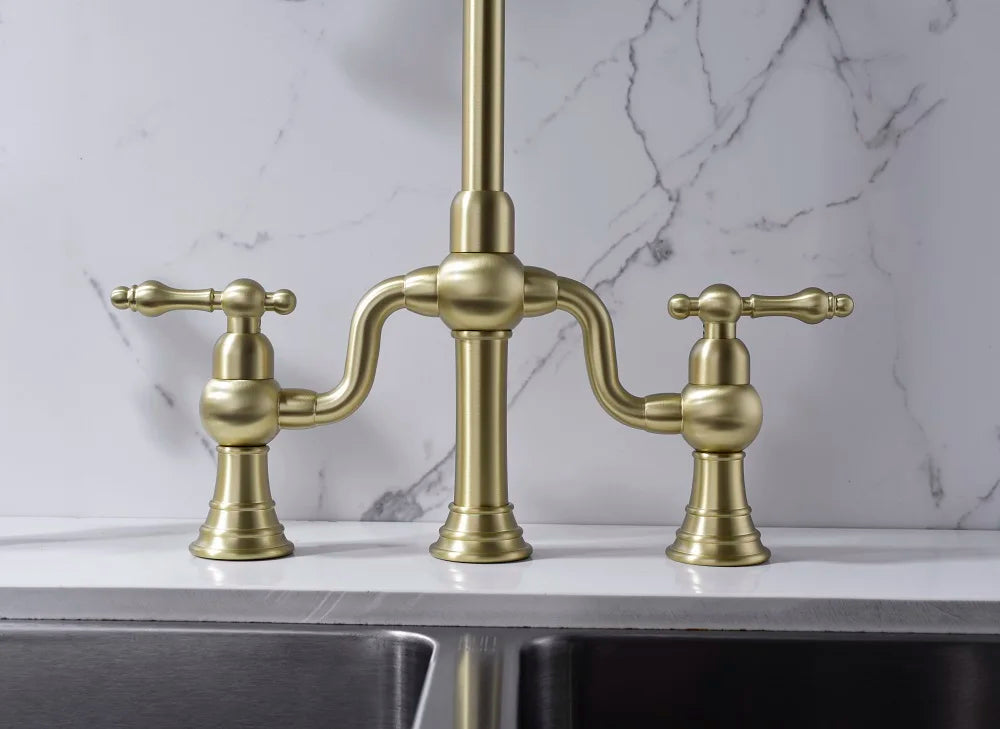 Brushed Gold Antique Bridge Kitchen Mixer with Pull Down Spray #202429 ...